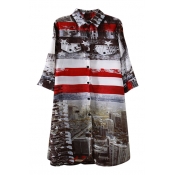 National Flag&City Scenery Print Shirt Midi Dress
