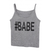 Gray Knitting Crop Camis with Babe Print