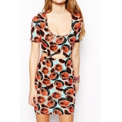 Sexy Scoop Neck Print Bodycon Dress with Cutout Waist