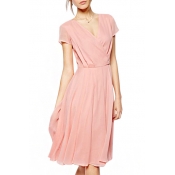 V-Neck Short Sleeve Pearl Pink Chiffon Dress