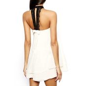 White Lace Insert Halter Bow Back Layered Dress