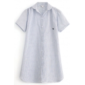 Blue Short Sleeve Elephant Embroidered A-line Shirt Dress