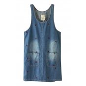 All Over Red Kitten Embroidered Boxy Denim Tanks Dress