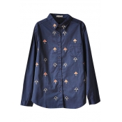 Dark Blue Long Sleeve All Over Tree Embroidered Shirt