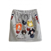 Gray Cartoon Singing Kitten Embroidered Short Skirt