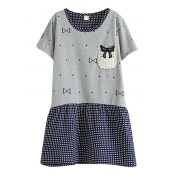 Gray Short Sleeve Crocheted Pocket Dot&Bow Print Dress