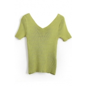 Green V-Neck Short Sleeve Crop Slim Knitting Top