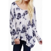 Floral Print Round Neck Long Sleeve Chiffon Top