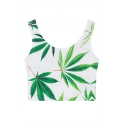 Summer White Coconut Tree Print Fitted Crop Tanks