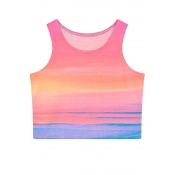 Summer Hot Ombre Print Fitted Round Neck Crop Tanks
