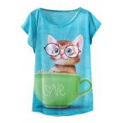 Blue Background Cute Kitten&Cup Short Sleeve T-Shirt