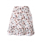 White Background Colorful Flora Elastic Waist Short Skirt