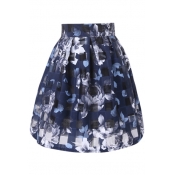 Dark Blue&Black Checker&Flower Organza Pleated Skirt