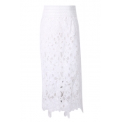 White Lace Flower Cutwork Pencil Midi Skirt