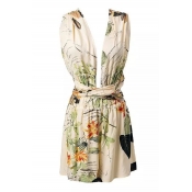 Apricot Background Plunge Neck Cross Back Leaves&Flower Rompers