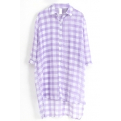 Purple 1/2 Sleeve Plaid Step Hem Chiffon Midi Shirt