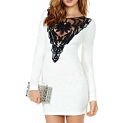 French Style V Embroidery Mesh Panel Top Slim Dress