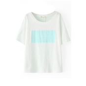 Blue Square Letters Print White Short Sleeve T-Shirt