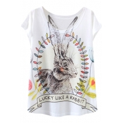 Long Ear Rabbit Print White T-Shirt