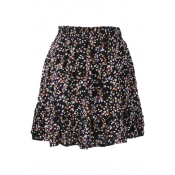 Black Background Colorful Flora Elastic Waist Short Skirt