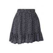 Dark Blue Background All Over White Flora Elastic Waist Short Skirt