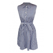 Vertical Blue Stripe Sleeveless Shirt Dress with Belt