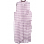 Lilac Plaid Single Pocket Sleeveless Midi Shirt Dress