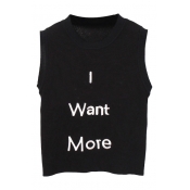 Black Sleeveless Knitting Top with Letters Embroidered
