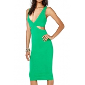 Sexy Plain Plunge Neck Bodycon Dress with Cutouts