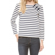 Mono Stripe Print Long Sleeve Top with Bow Detail Button