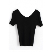 Black V-Neck Short Sleeve Crop Slim Knitting Top