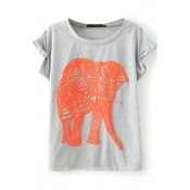 Gray Short Sleeve Orange Elephant Print T-Shirt