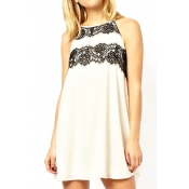 Lace Insert Color Block Sleeveless Dress with Keyhole Back