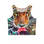 Tiger Print Fitted Round Neck Cropped Tanks