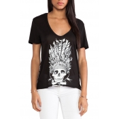Black V-Neck Indiana Skull Print Fitted T-Shirt