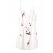 White V-Neck Flower Print Slip Slim Dress