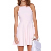 Sexy Plain Backless Skater Mini Dress with High Rise