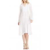 White Plain Sheer V-Neck Long Sleeve Chiffon Midi Dress