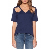 Navy Short Sleeve V-Neck Cutout Detail Fitted T-Shirt