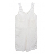 White Simple Double Pockets Front Sleeveless Rompers