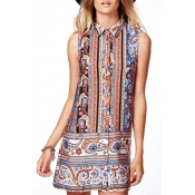 Button Fly Shirt Style Geo-Tribal Pattern Print Column Dress