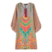 Drawstring Round Neck Tribal Geometry Pattern Shift Dress
