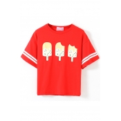 Red Short Sleeve Ice Cream&Stripe Crop T-Shirt