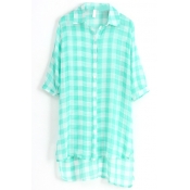 Green 1/2 Sleeve Plaid Step Hem Chiffon Midi Shirt