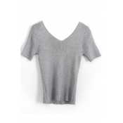 Gray V-Neck Short Sleeve Crop Slim Knitting Top
