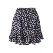 Dark Blue Background Fresh Flora Elastic Waist Short Skirt