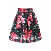 Checker&Red Flower Organza Pleated Skirt