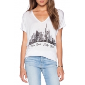 White V-Neck City Landscape Print Short Sleeve T-Shirt