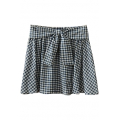 Blue Gingham Bow Tie Waist Comfort A-line Skirt