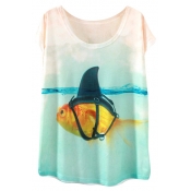 Swimming Goldfish Print White Short Sleeve T-Shirt